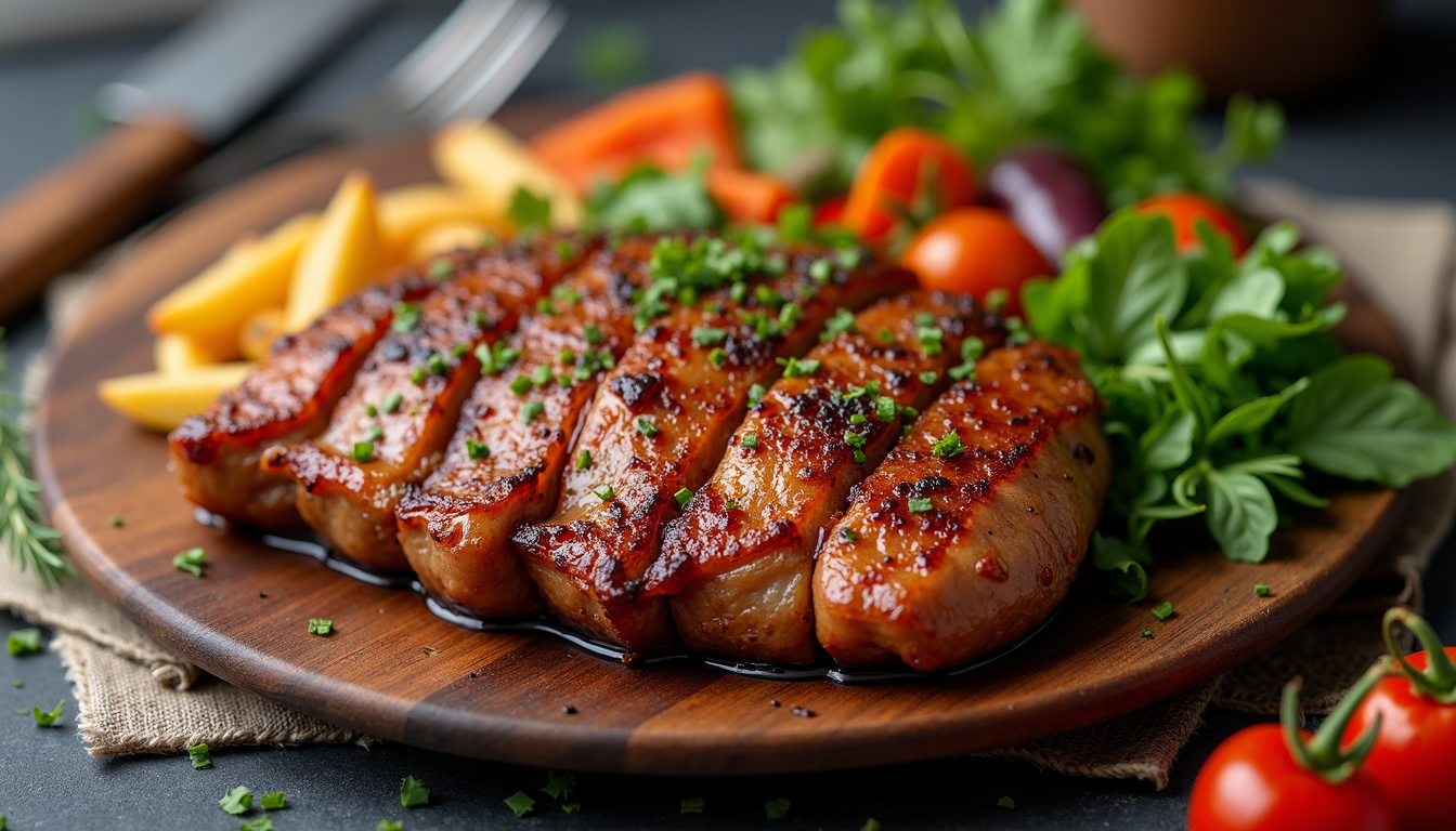 O selecție apetisantă de mâncăruri românești cu carne, incluzând sarmale, mici și o tocăniță, așezate pe o masă tradițională